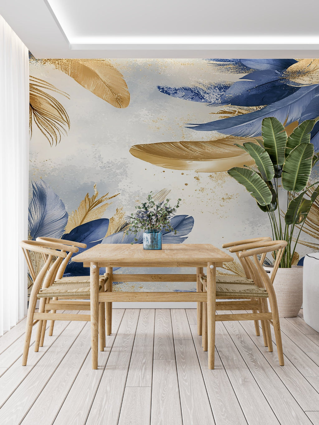 Luxury boutique interior showcasing feather pattern wallpaper in navy and metallic gold