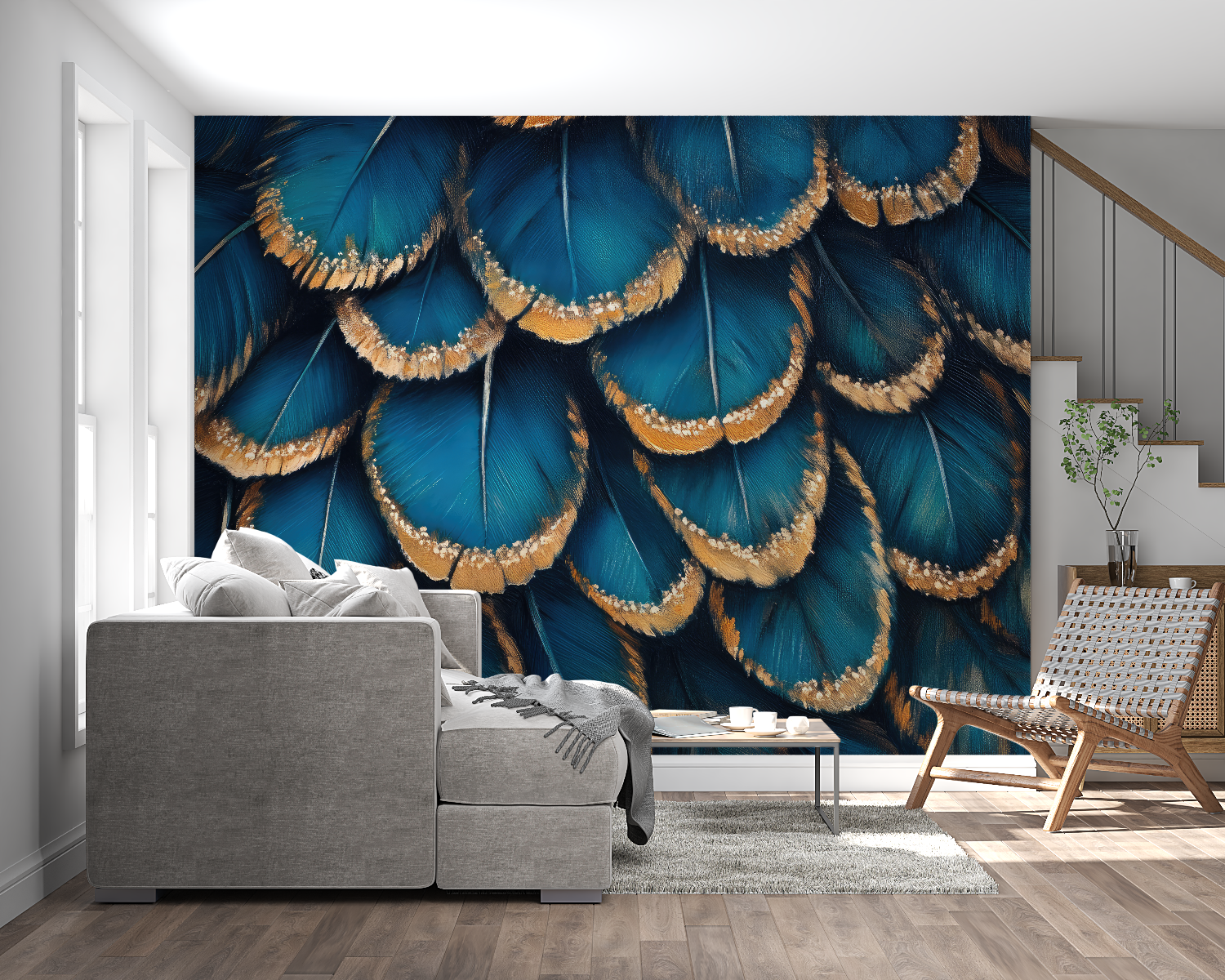 Luxury peacock feather wall mural creating drama in master bedroom setting