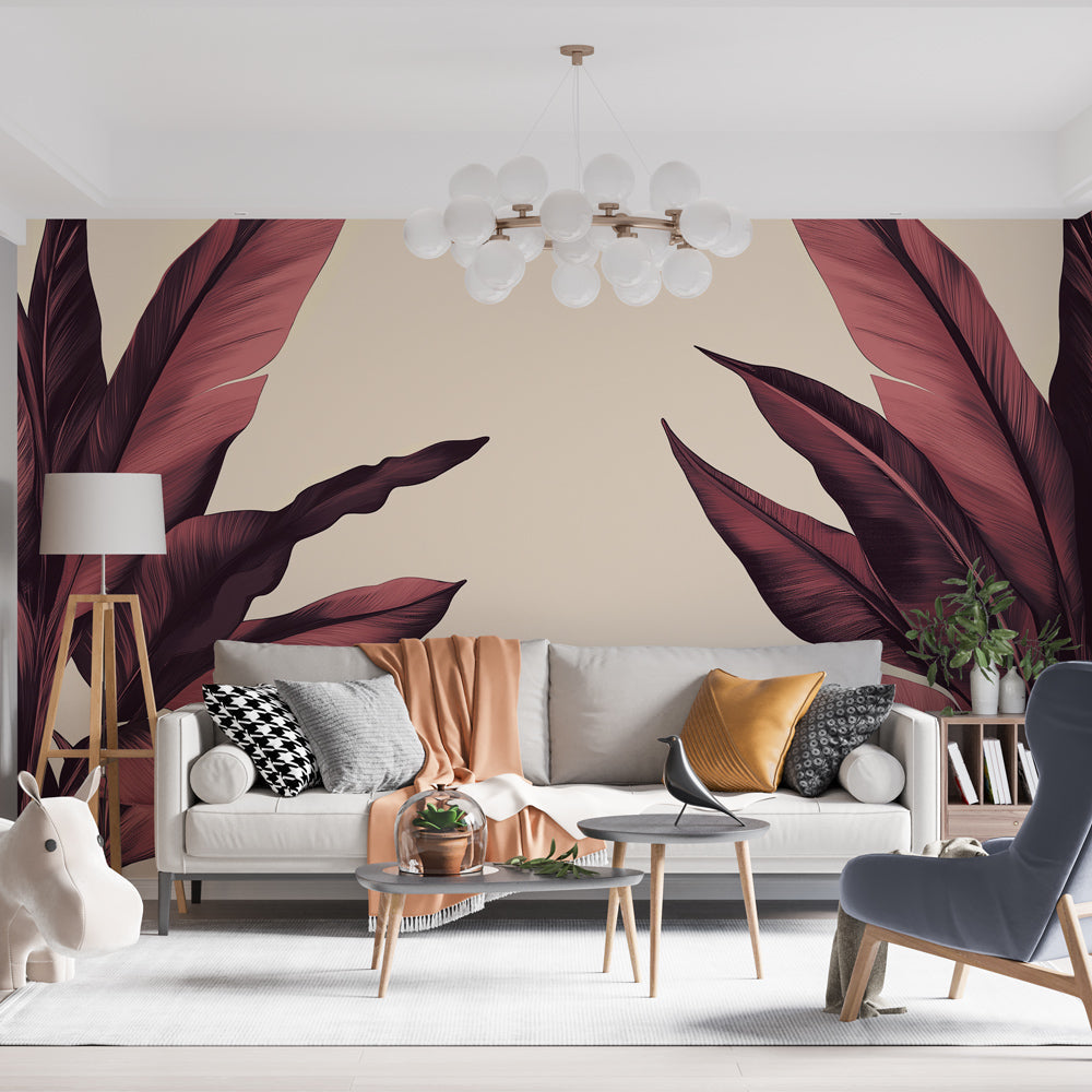 Burgundy feather wallpaper mural creating a sophisticated atmosphere in a modern living room with minimal furniture