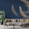 Gold Feather Wallpaper Mural displayed in a modern dining room with crystal chandelier and navy accents