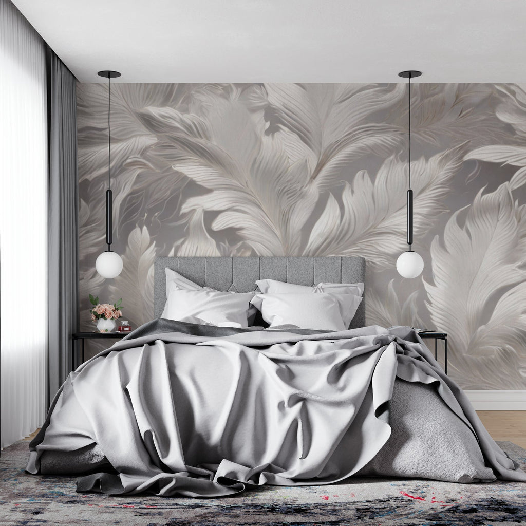 Elegant master bedroom featuring grey and white feather wall mural above a plush bed