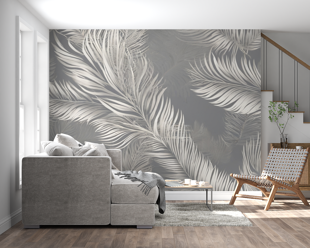 Palm feather wall mural creating calm atmosphere in master bedroom