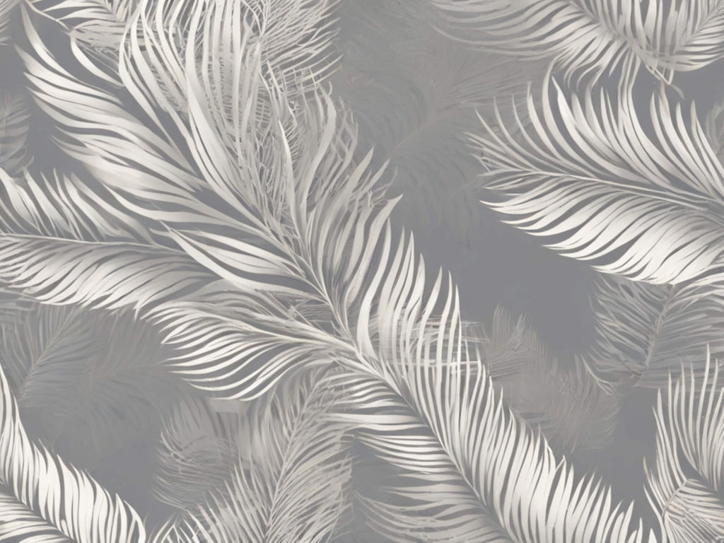 Design file of grey palm feather wallpaper pattern showing detailed feather artwork