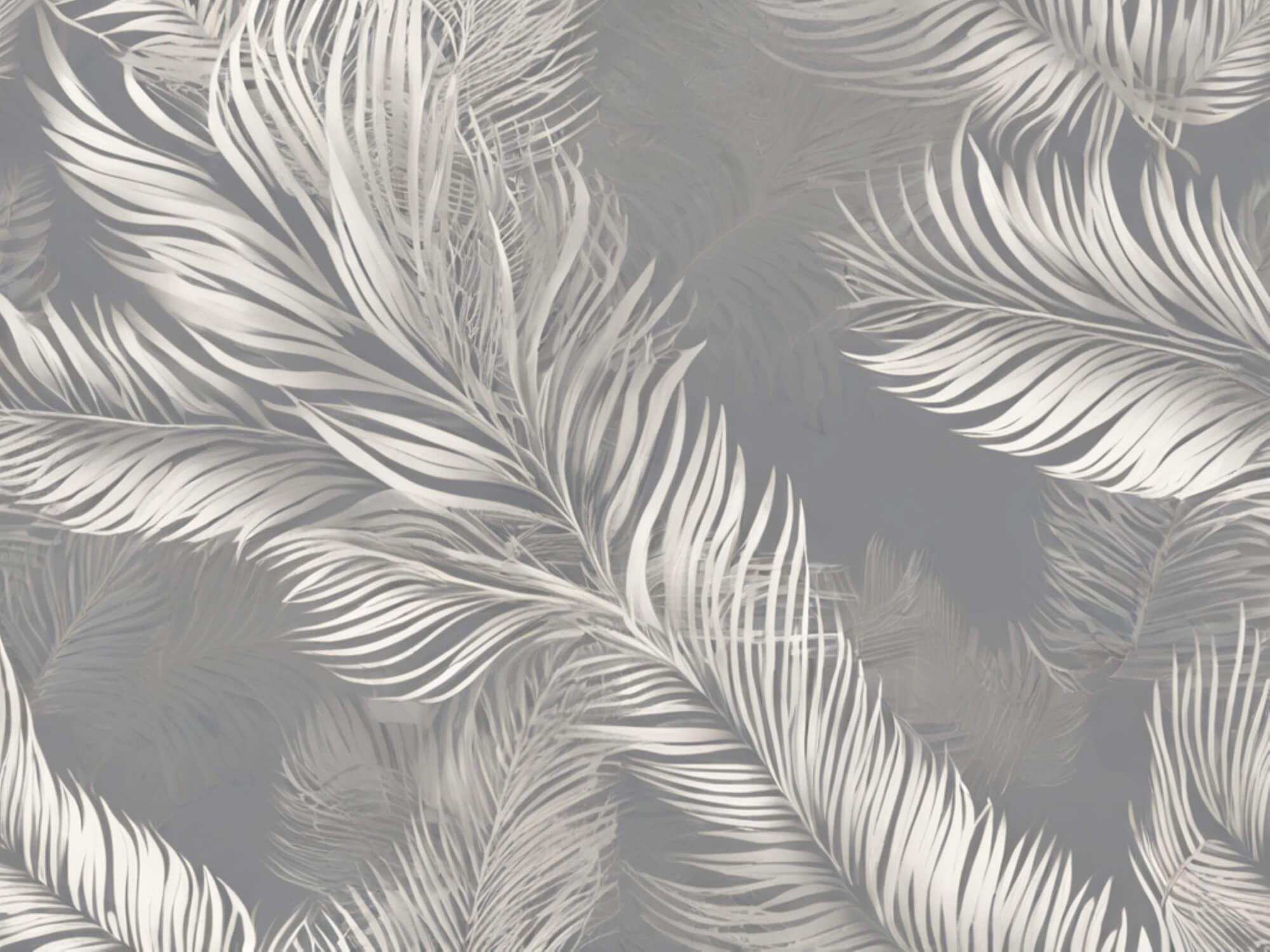 Design file of grey palm feather wallpaper pattern showing detailed feather artwork