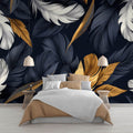 Feather wallpaper with navy and gold design in a modern dining room, creating an elegant atmosphere with soft lighting