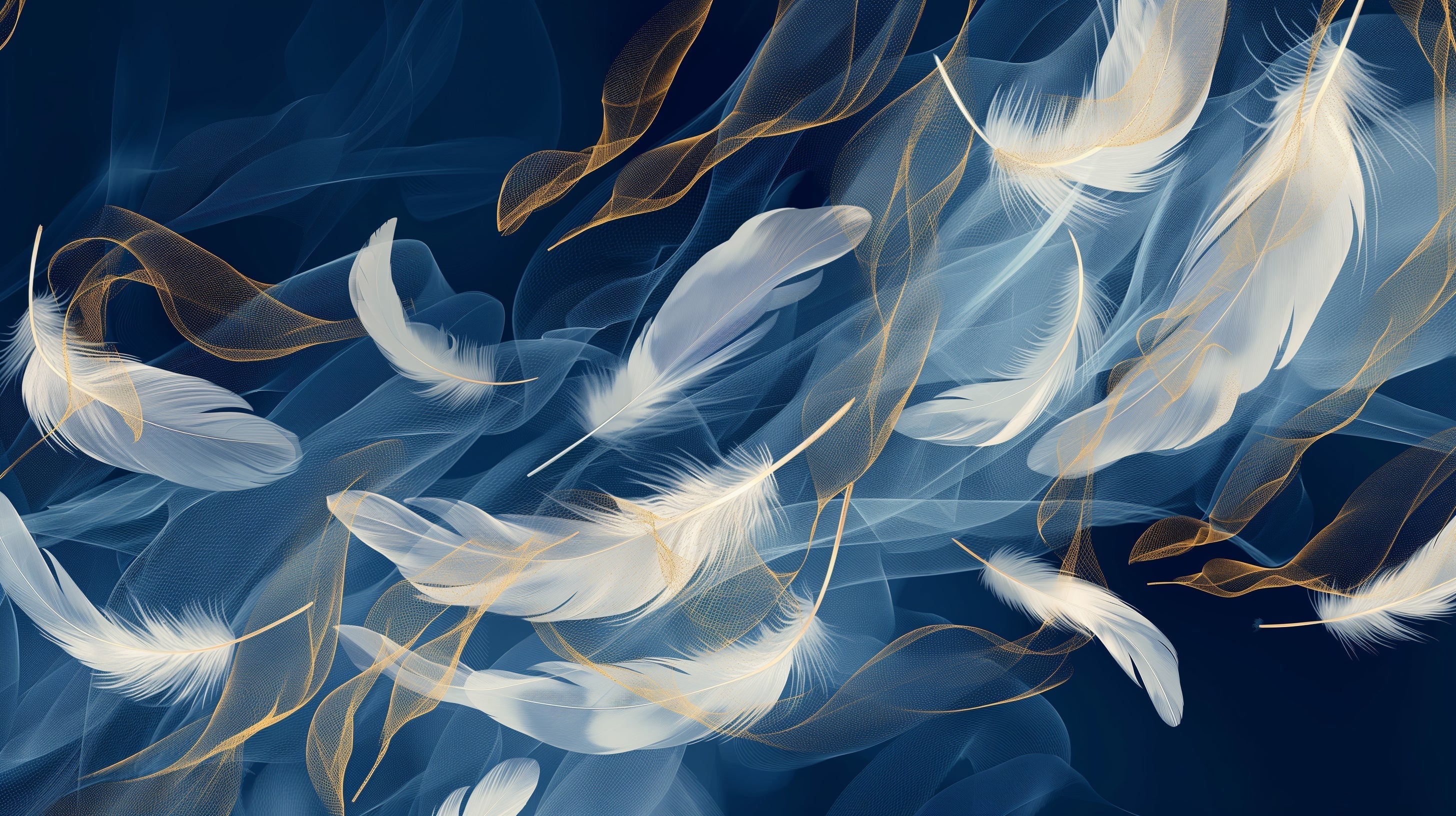 Blue and gold feather wallpaper mural creating an elegant atmosphere in a modern living room with natural lighting