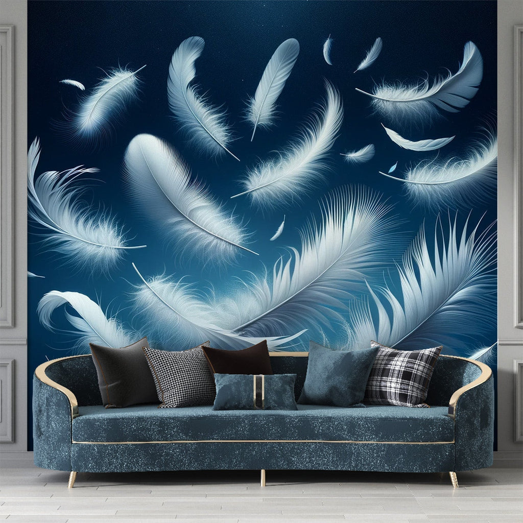 Floating feather wallpaper creating a peaceful atmosphere in a modern bedroom with soft lighting
