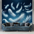 Floating feather wallpaper creating a peaceful atmosphere in a modern bedroom with soft lighting