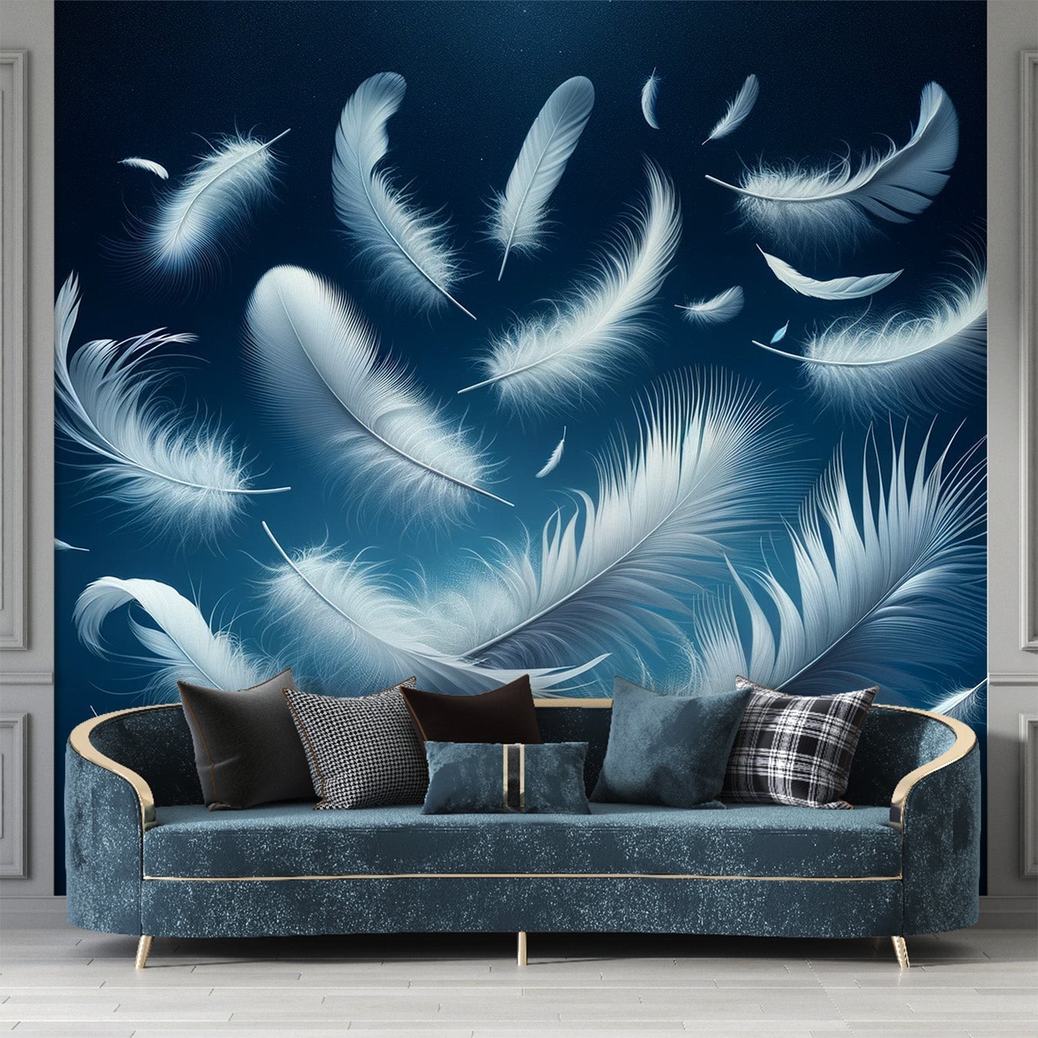 Floating feather wallpaper creating a peaceful atmosphere in a modern bedroom with soft lighting