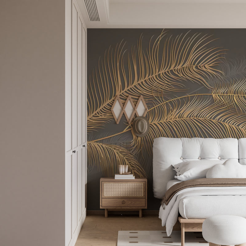 Gold palm frond wallpaper in dining room with crystal chandelier