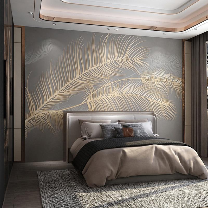 Botanical gold leaf wallpaper in home office with modern furniture