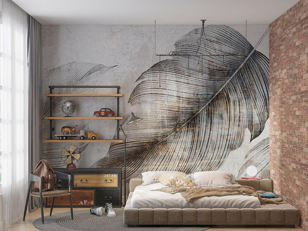 Feather Wallpaper in dining room with modern furniture setup