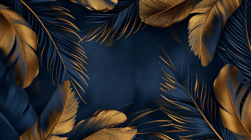 Gold and navy feather wallpaper design file showing intricate metallic pattern details