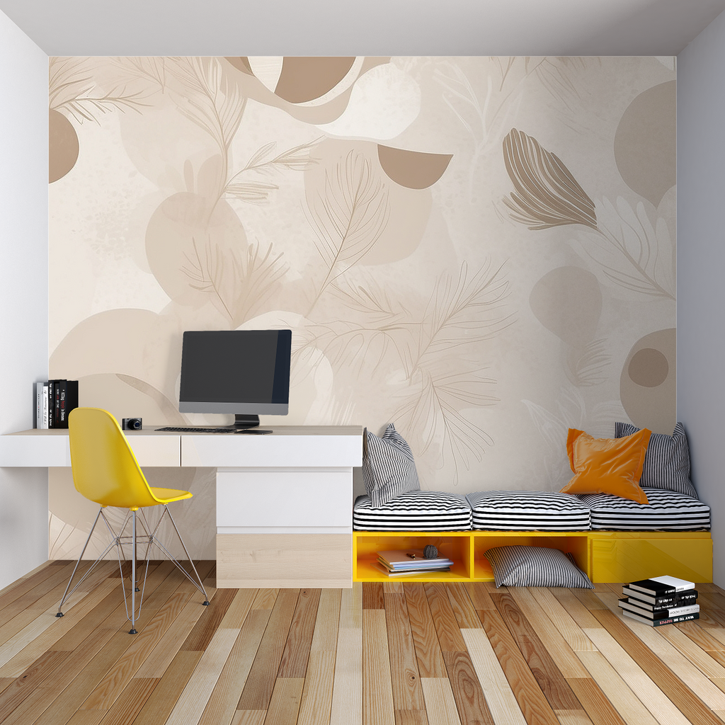Modern beige feather wallpaper creating a calm atmosphere in a bright living room setting