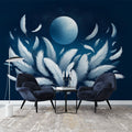 Feather wall mural creates a peaceful atmosphere in a modern bedroom, white plumes floating on midnight blue backdrop