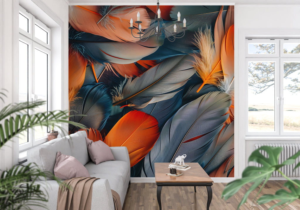 Modern Feather Wallpaper creating a bold statement wall in contemporary living room with orange sofa