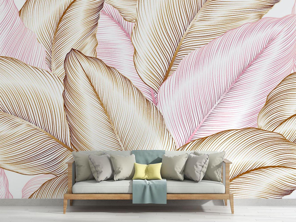 Line art feather wallpaper creating elegant atmosphere in dining room