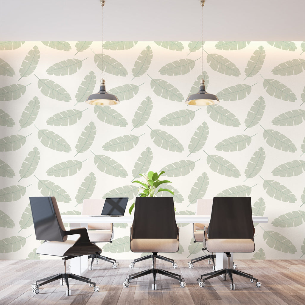 Botanical feather wall mural brightening a cozy bedroom with white furniture