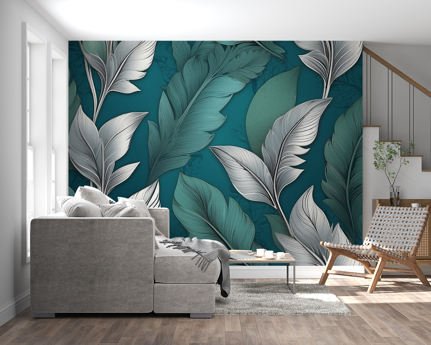Home office with teal feather wall mural creating a fresh and inspiring workspace