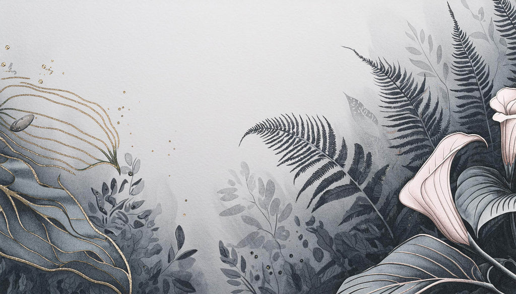 Fern Botanical Wallpaper design file showing detailed grey fronds with subtle golden highlights