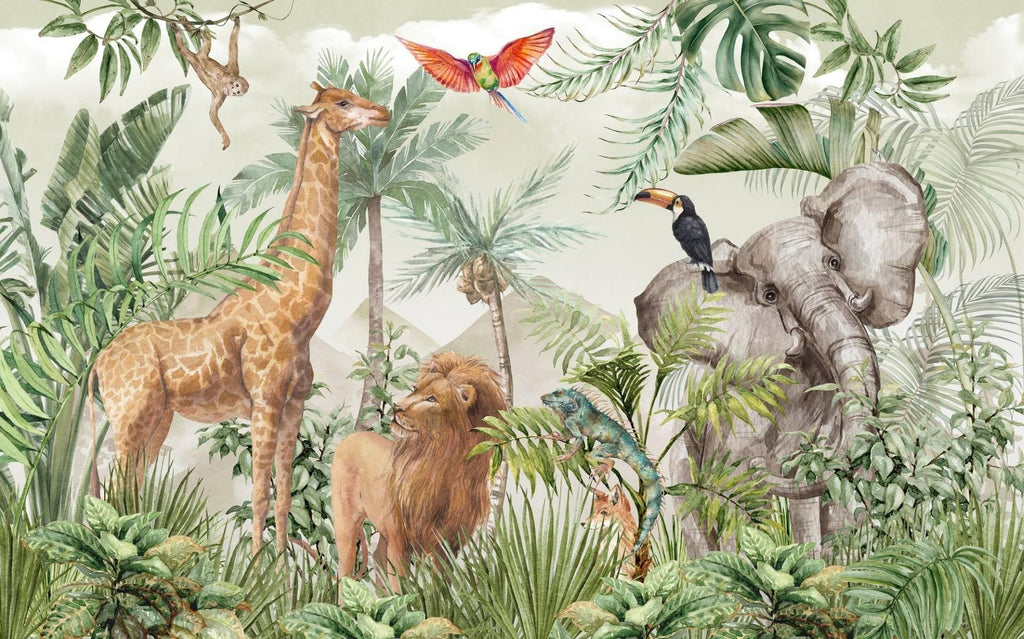 Jungle Animals Mural Wallpaper | Safari Wildlife with Tropical Foliage