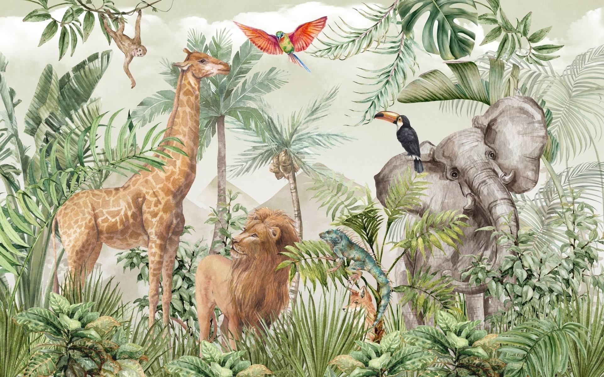 Jungle Animals Mural Wallpaper | Safari Wildlife with Tropical Foliage