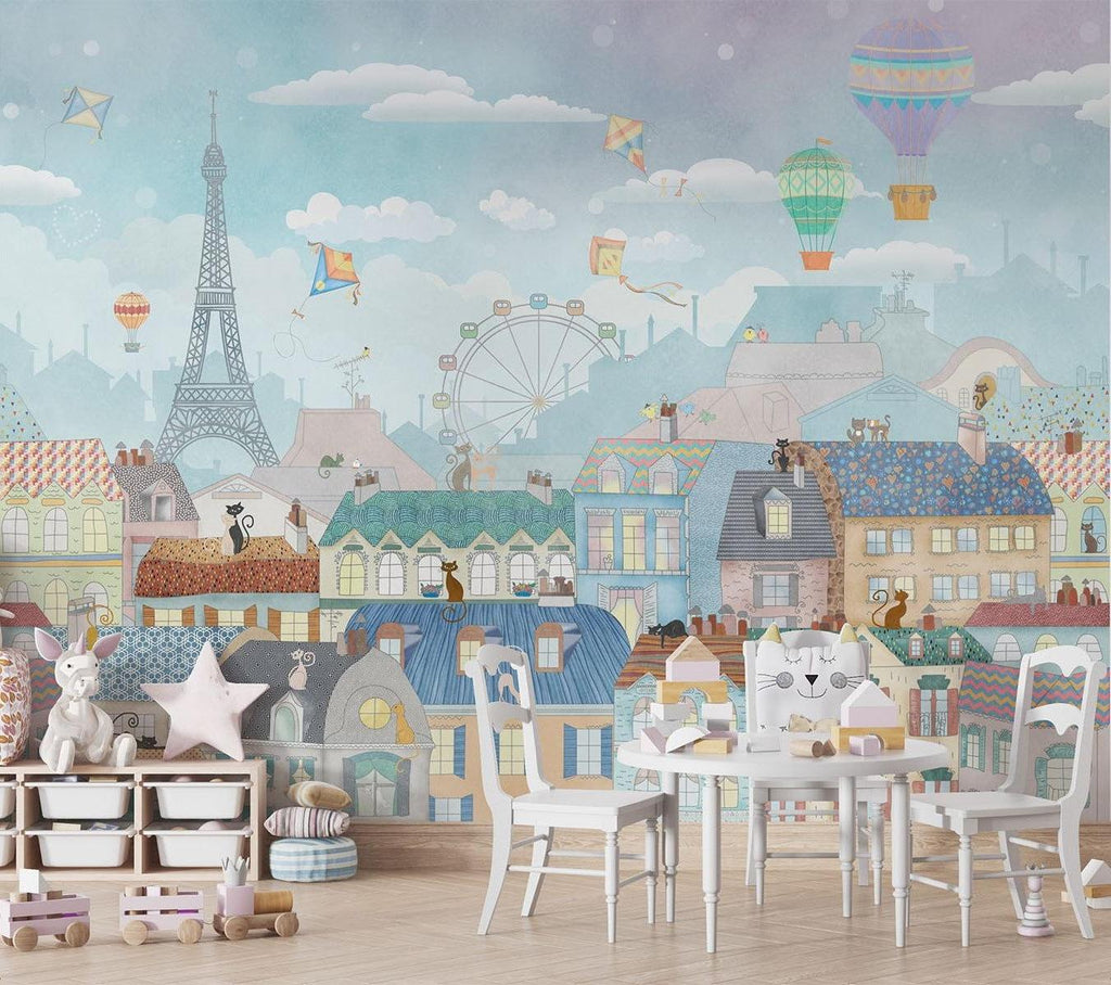 Paris Mural Wallpaper | Whimsical Cityscape With Hot Air Balloons