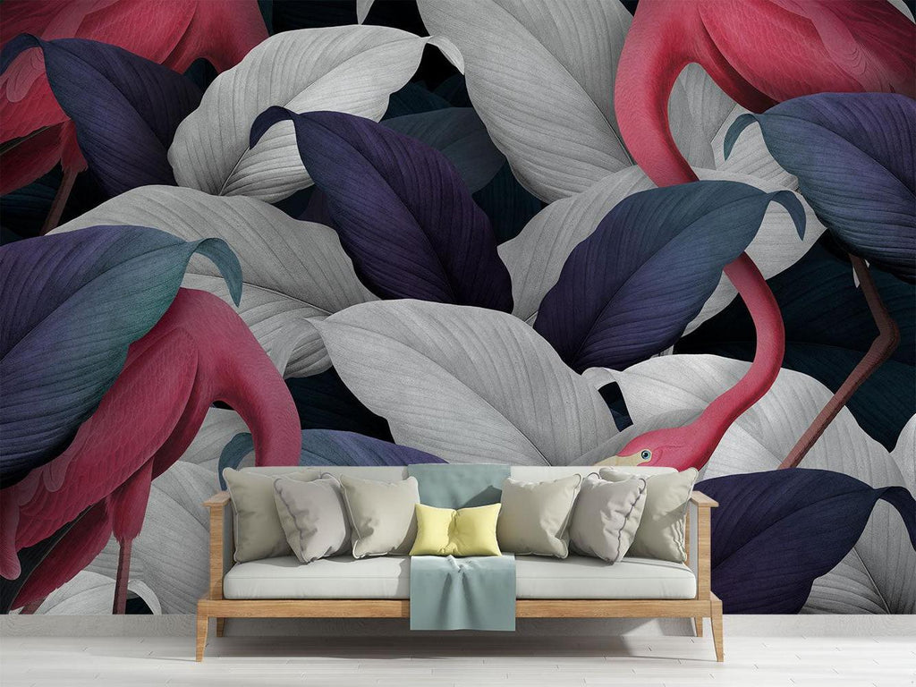 Navy and Pink Flamingo Mural in stylish home office setting