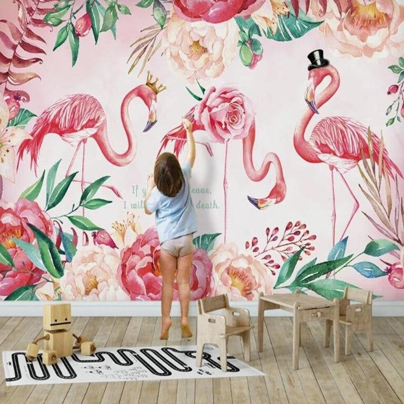 Pink Flamingo wallpaper with crowns styled in a modern nursery, creating a dreamy atmosphere with soft pink walls