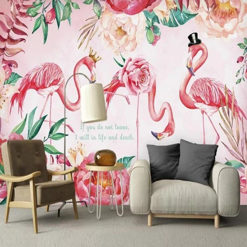 Floral Flamingo wall mural bringing charm to a girl's bedroom with matching pink accessories