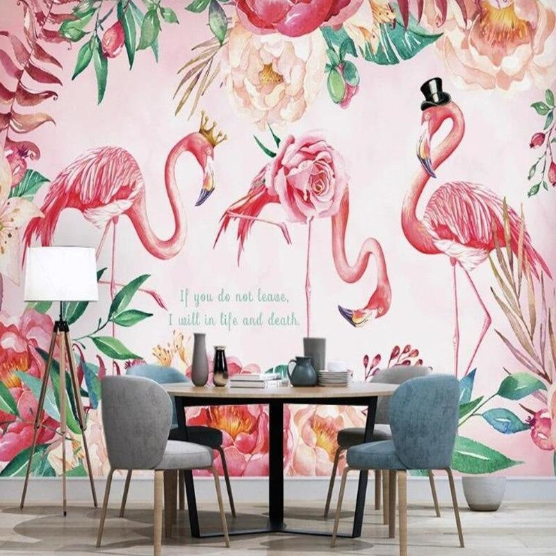 Pink Botanical wallpaper with crowned flamingos in a playroom setting, showing scale and color harmony