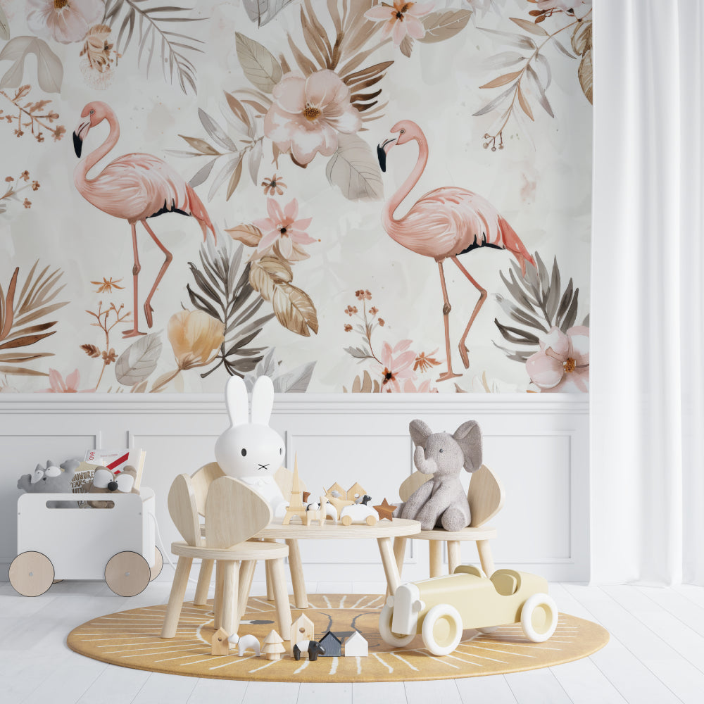 Pink Flamingo Wall Mural creating a peaceful mood in a teen's study corner