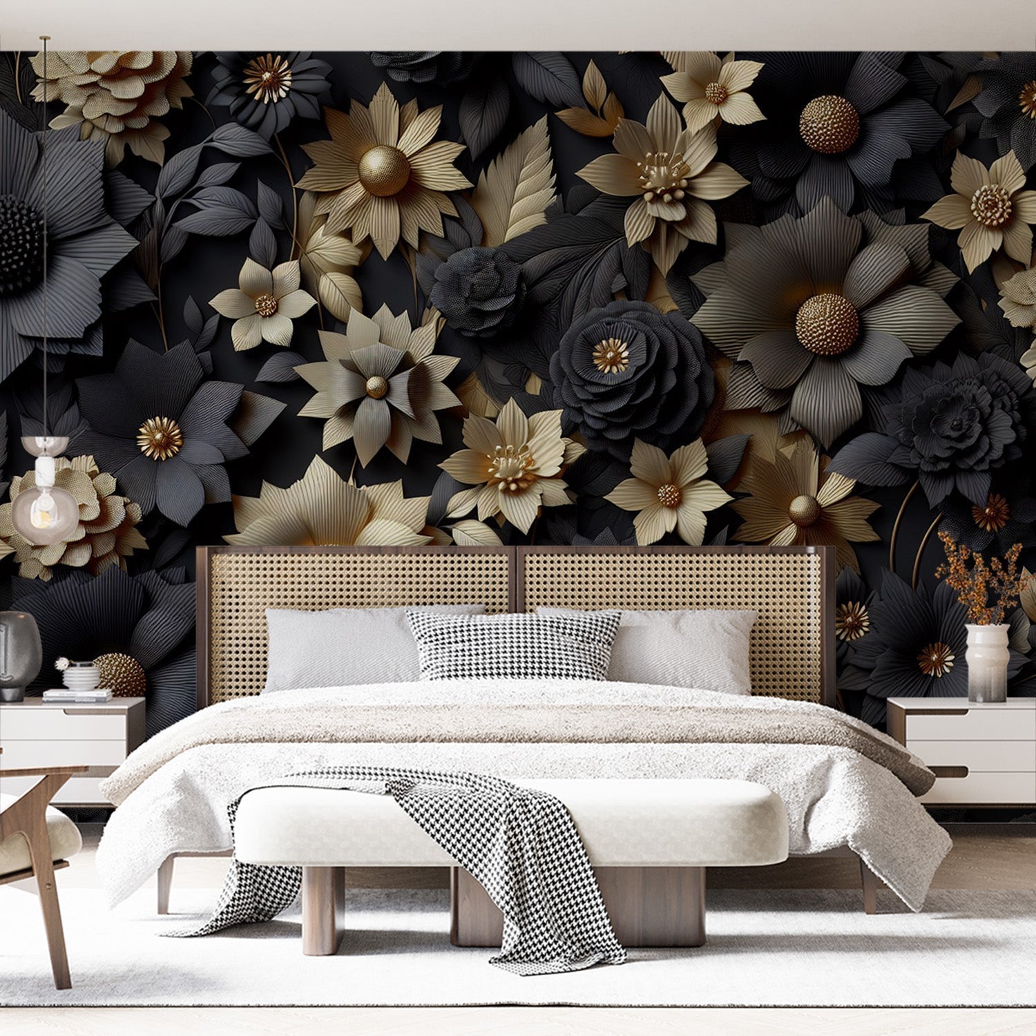 Black and gold 3D floral wallpaper creating drama in a modern dining room with crystal chandelier