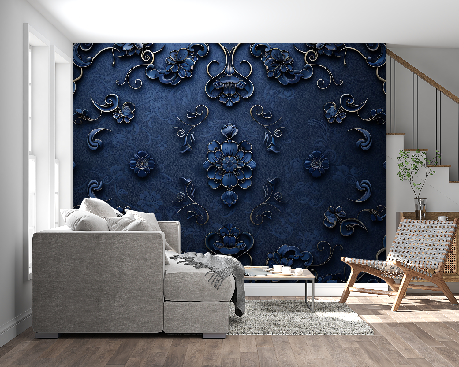 3D floral damask wallpaper creating elegant atmosphere in master bedroom