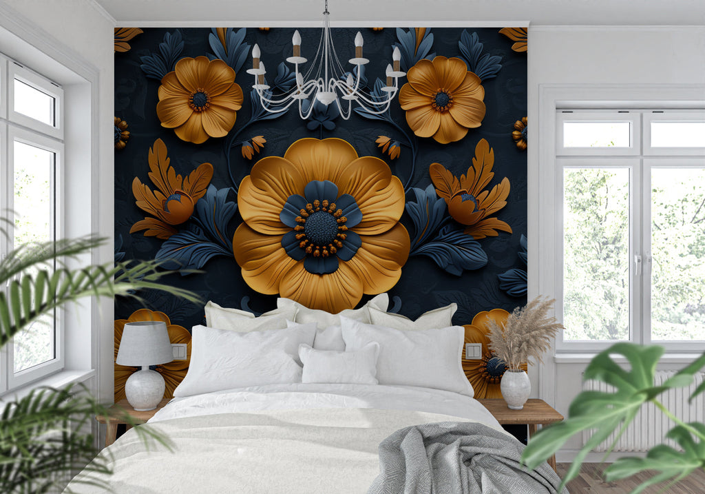 Large-scale floral wallpaper transforming home office with orange blooms on navy background