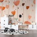 Modern living room with abstract floral wallpaper in warm terracotta tones creating a cozy atmosphere
