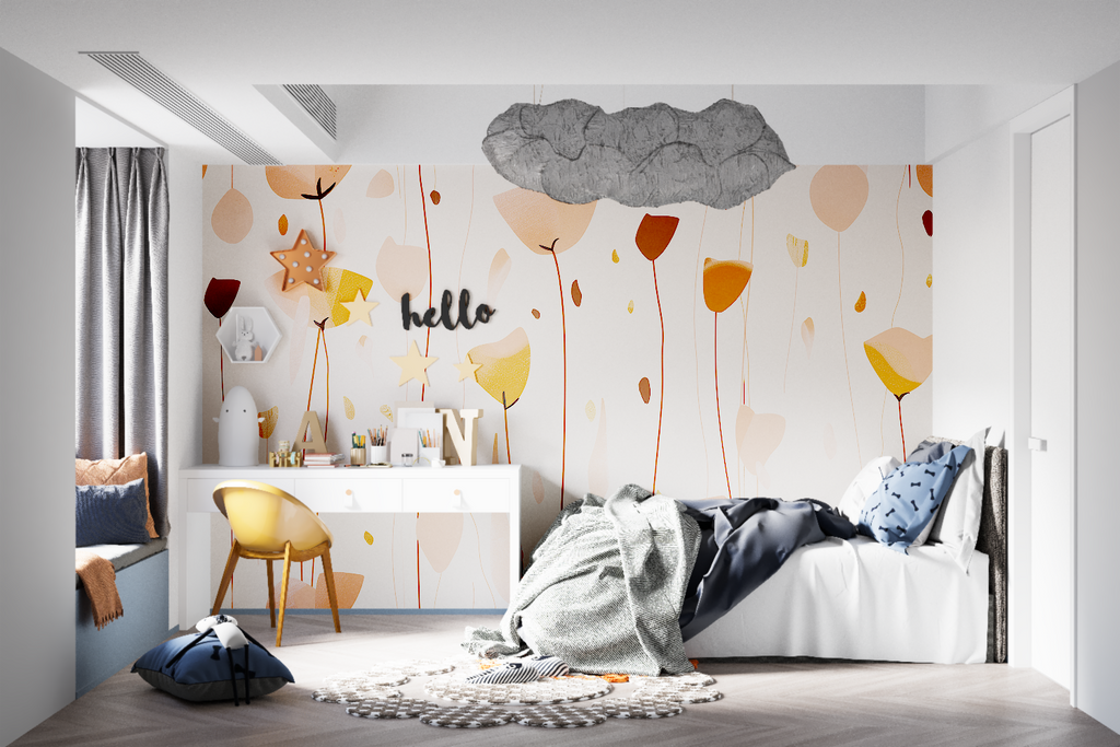 Home office space with calming floral wall mural in terracotta and beige shades