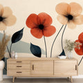 Modern floral wallpaper with terracotta blooms bringing warmth to a minimalist living room setting