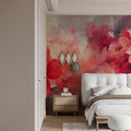 Red Floral Watercolor Wallpaper in modern living room with grey sofa and natural light