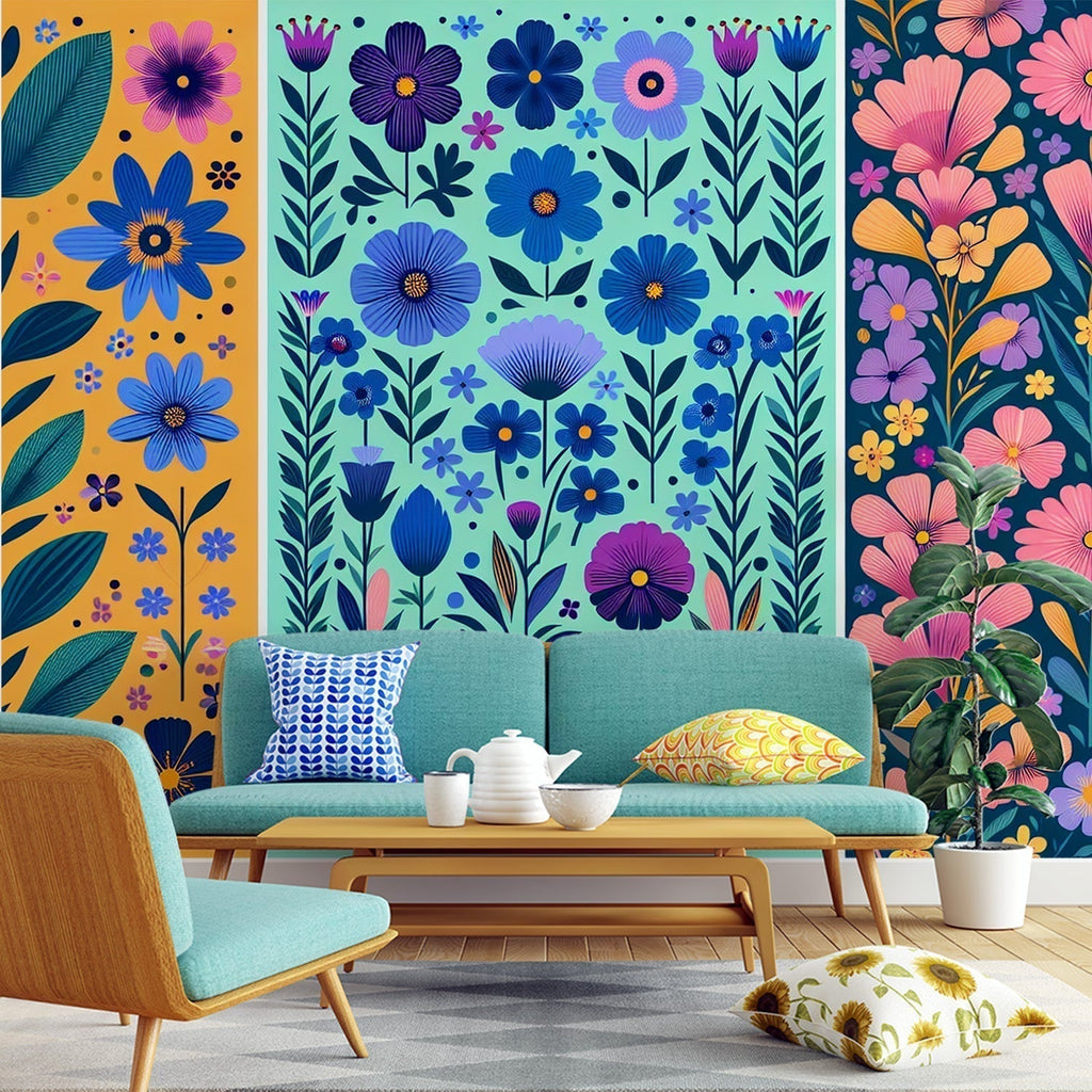 Art deco floral mural wallpaper showcased in a modern living room, highlighting the triptych's golden and cobalt color scheme