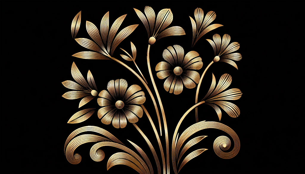 Art deco floral pattern design file showing detailed gold blooms on black background