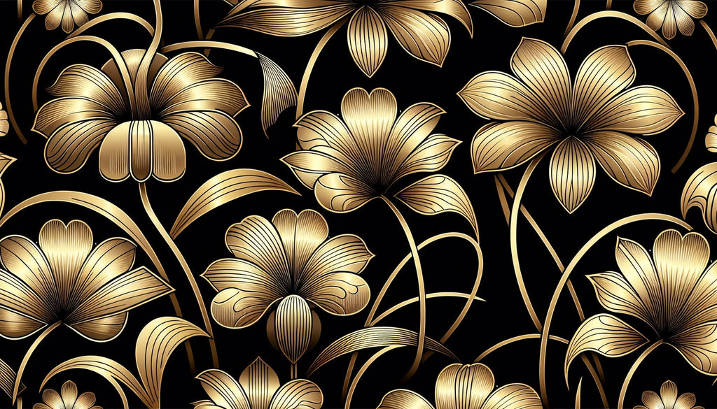 Black and gold Art Deco floral wallpaper design file showing intricate metallic pattern details