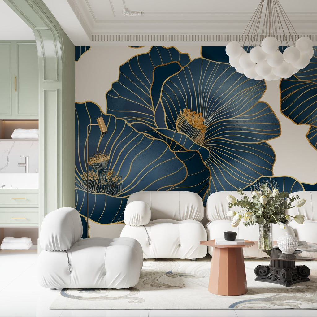 Art deco navy and gold wallpaper in home office with brass accents
