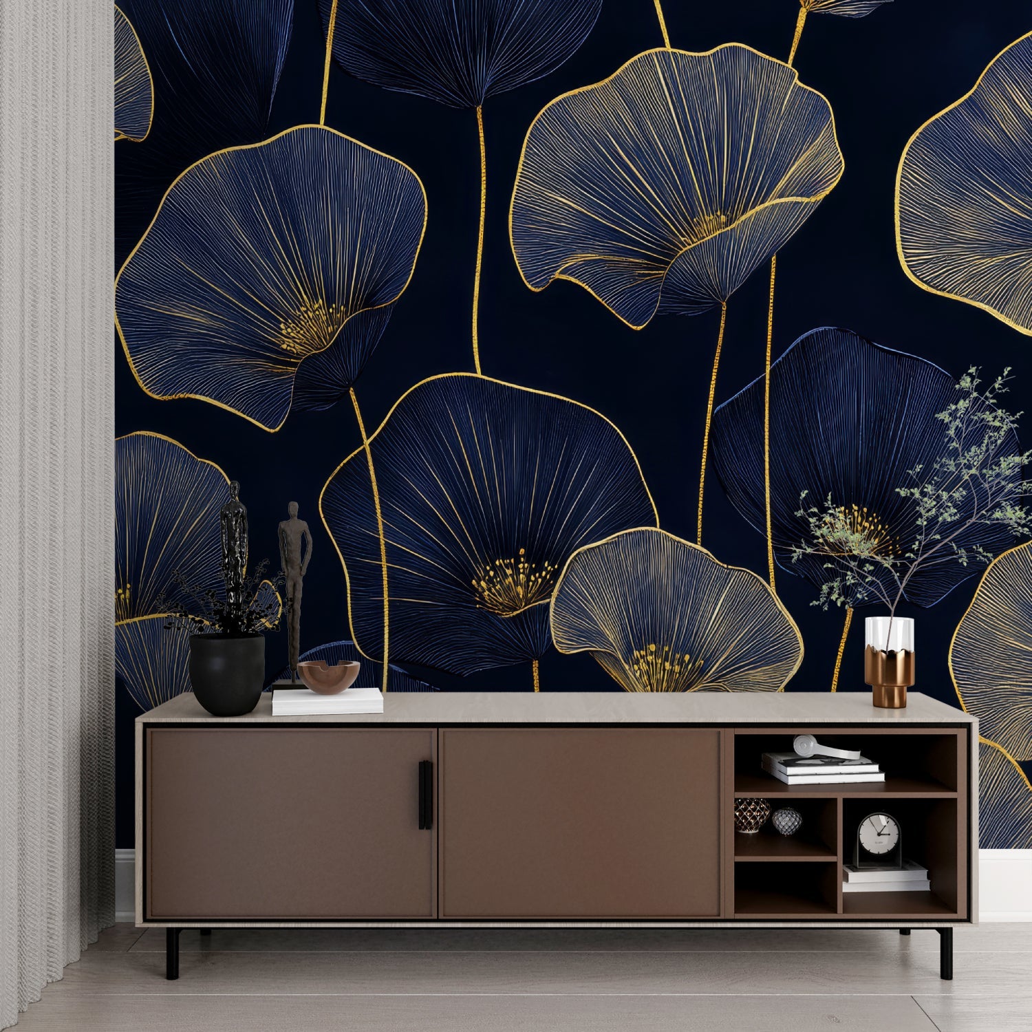Master bedroom with Art Deco navy floral wallpaper creating luxury hotel feel