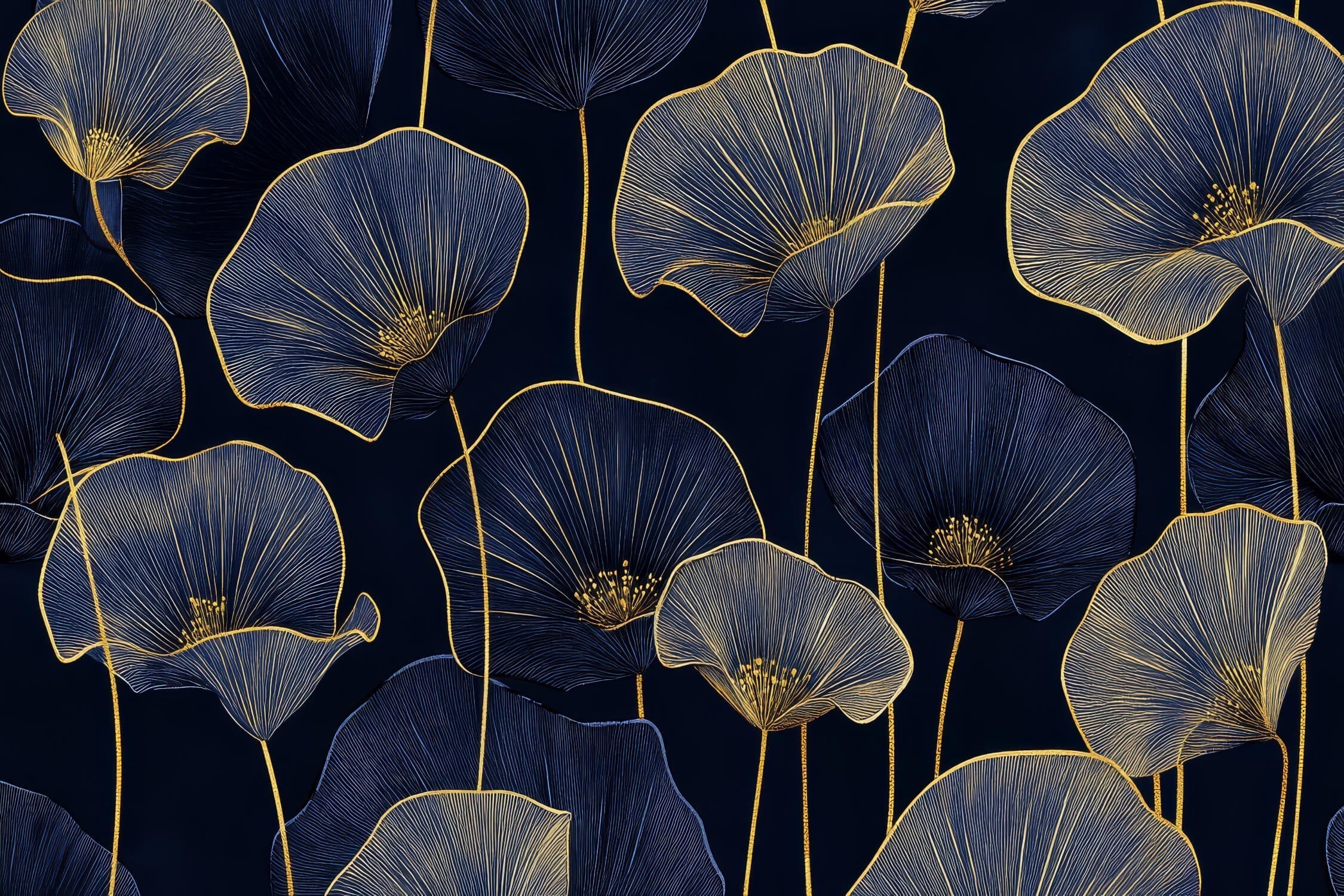 Art Deco floral pattern design file showing detailed navy and gold botanical motifs
