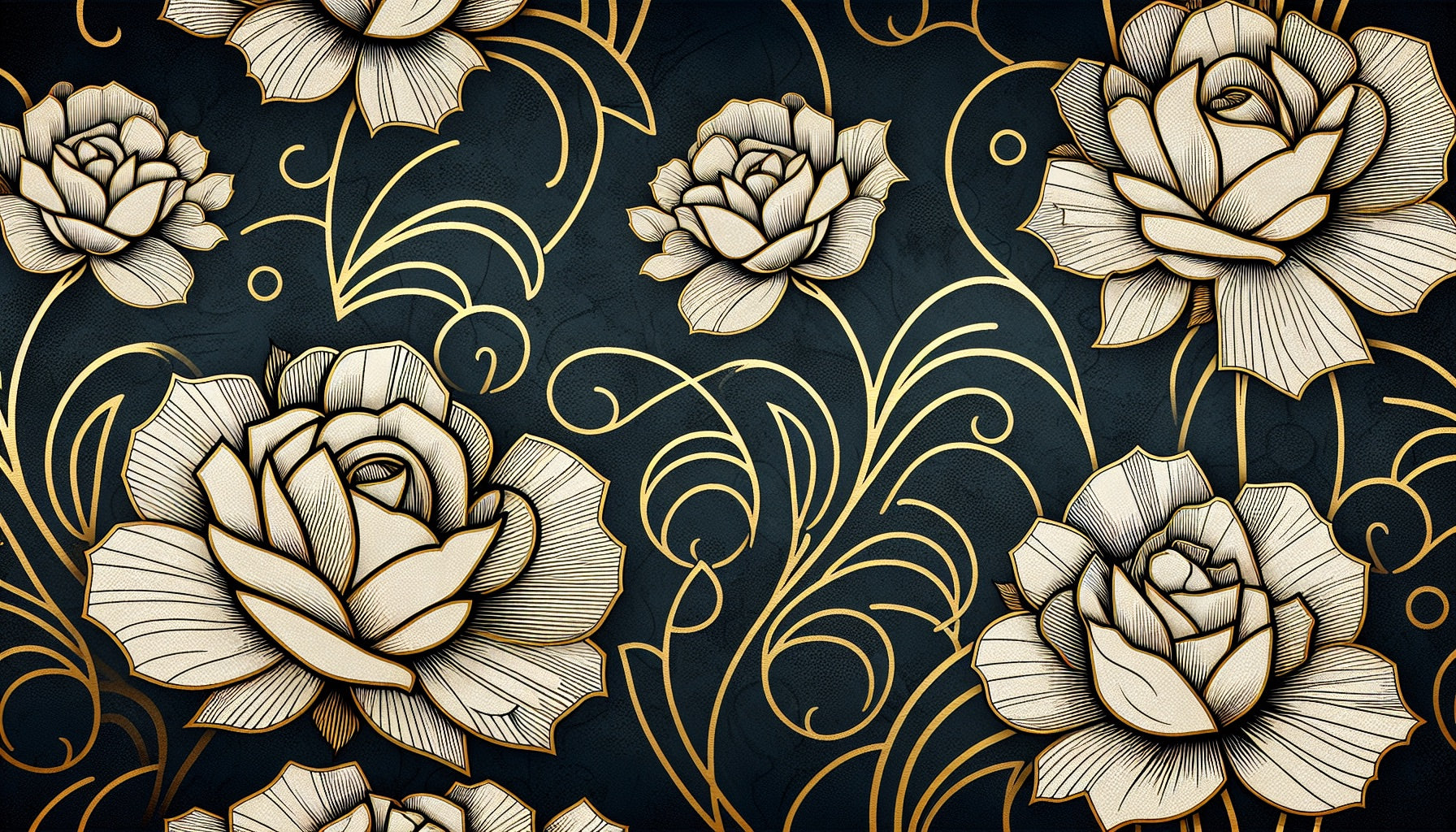 Art Deco rose pattern design file showing detailed gold line work and white blooms on navy background