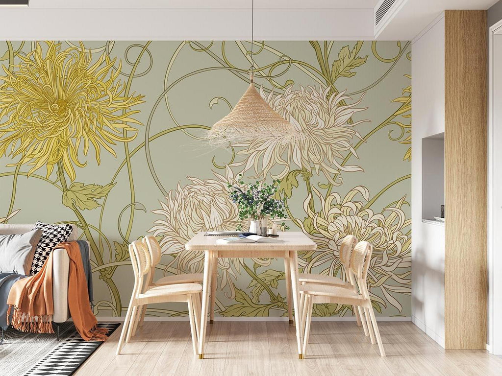 Floral art nouveau design creating depth in a reading nook with afternoon light