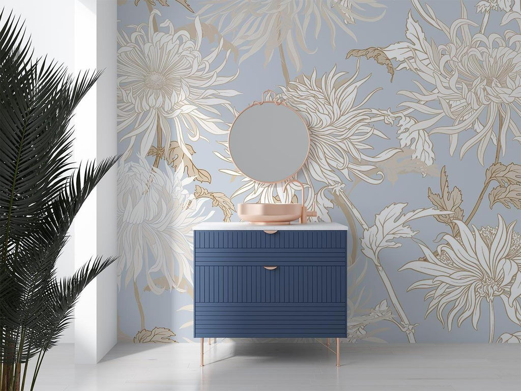 Elegant floral wall mural in master bedroom with Art Nouveau chrysanthemum design