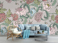 Art Nouveau floral wallpaper in modern living room showing flowing peony design against grey walls