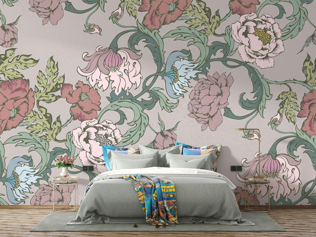 Botanical wall mural in master bedroom featuring pink peonies and teal vines
